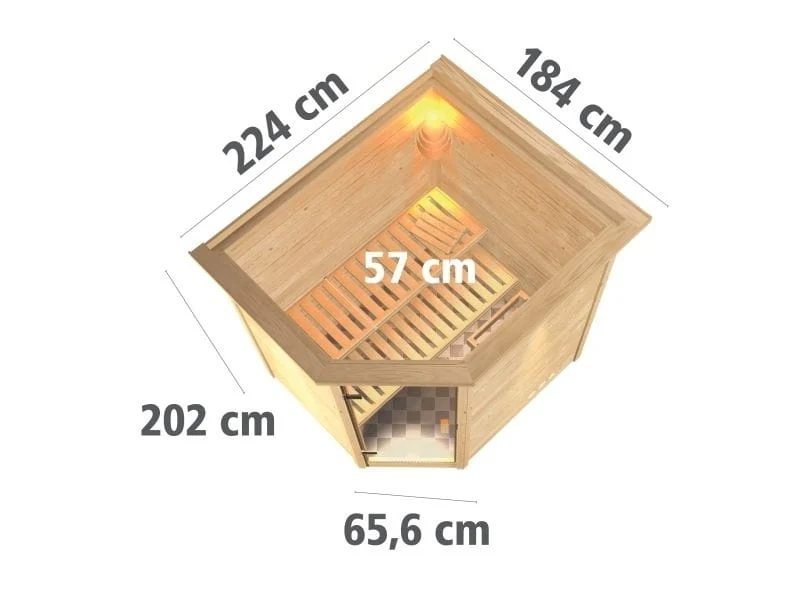 Karibu Sauna Mia inkl. 9 kW Bioofen ext. Steuerung, mit energiesparender Saunatür -mit Dachkranz-