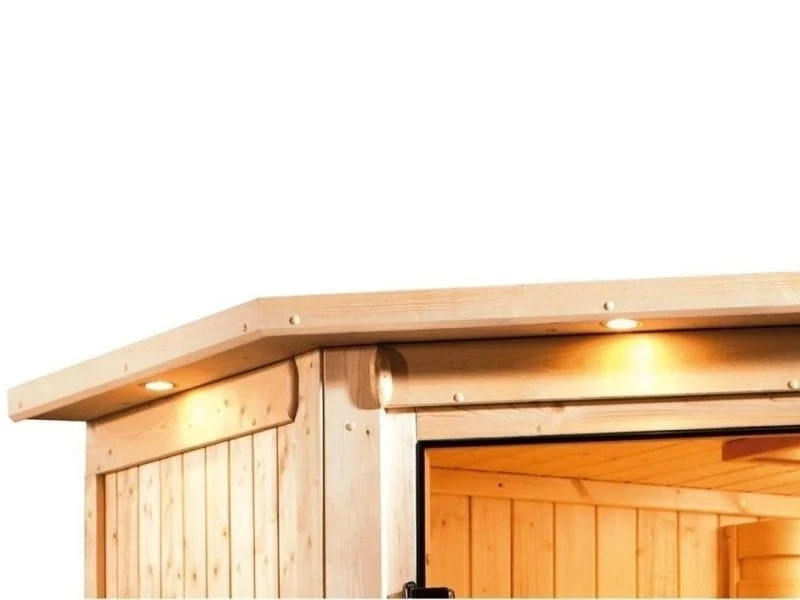 Karibu Sauna Mia inkl. 9 kW Bioofen ext. Steuerung, mit energiesparender Saunatür -mit Dachkranz-
