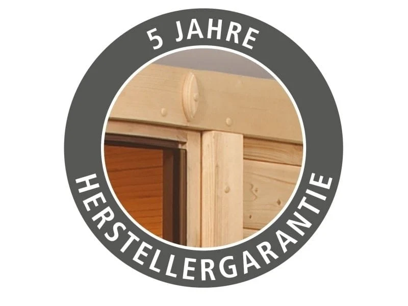 Karibu Sauna Mia inkl. 9 kW Bioofen ext. Steuerung, mit energiesparender Saunatür -mit Dachkranz-