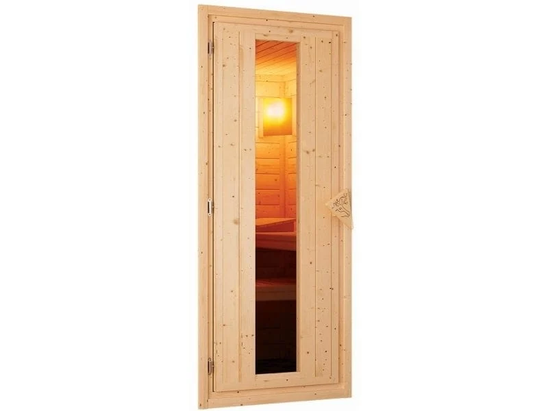 Karibu Sauna Mia inkl. 9 kW Ofen ext. Steuerung, mit energiesparender Saunatür -mit Dachkranz-