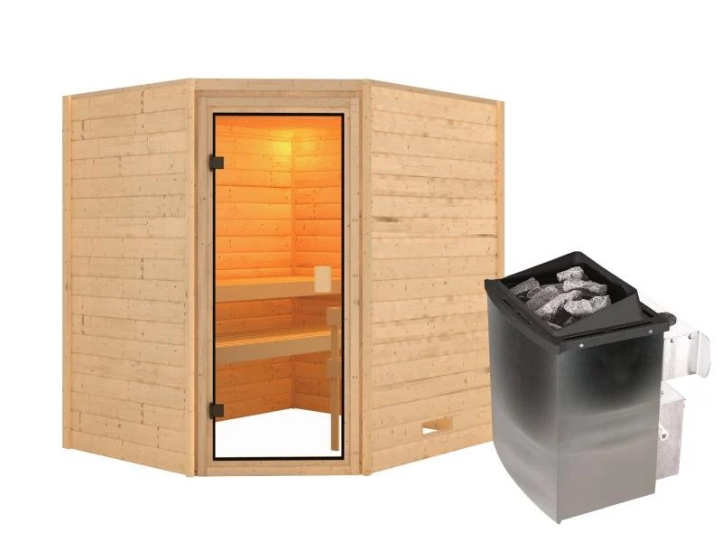 Karibu Sauna Mia inkl. 9 kW Ofen integr. Steuerung, mit klassischer Saunatür -ohne Dachkranz-