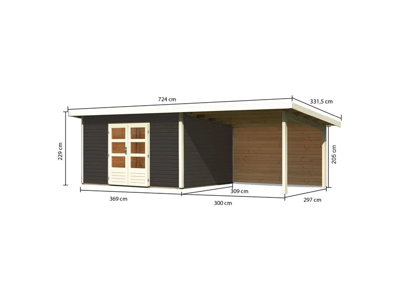 Karibu Gartenhaus Northeim 4 terragrau mit Anbaudach 3 m inkl. Rückwand