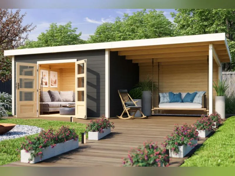 Karibu Gartenhaus Northeim 4 terragrau mit Anbaudach 3 m inkl. Rückwand