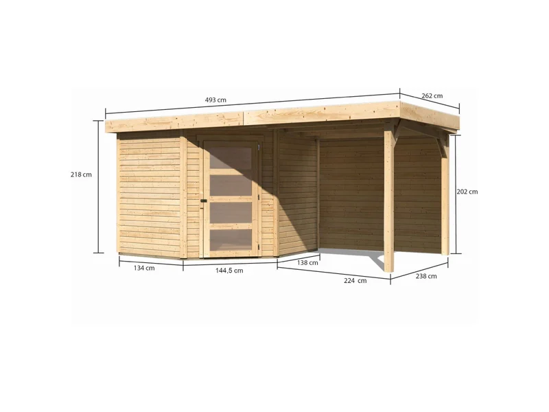 Karibu Gartenhaus Schwandorf 5 natur mit Anbaudach 2,40 m inkl. Rückwand