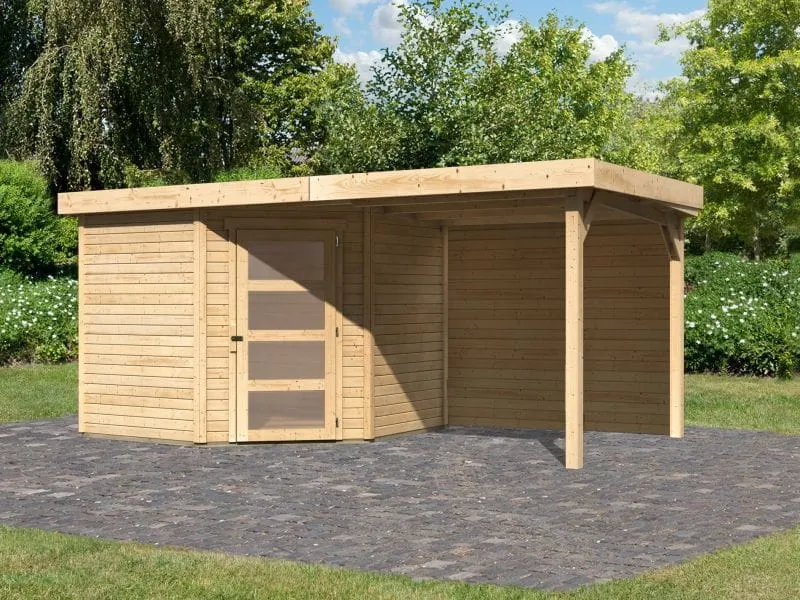 Karibu Gartenhaus Schwandorf 5 natur mit Anbaudach 2,40 m inkl. Rückwand