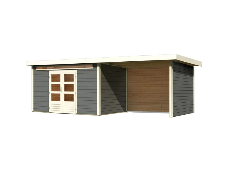 Karibu Gartenhaus Kandern 7 in terragrau mit Anbaudach 3,20 Meter inkl. Rück- und Seitenwand
