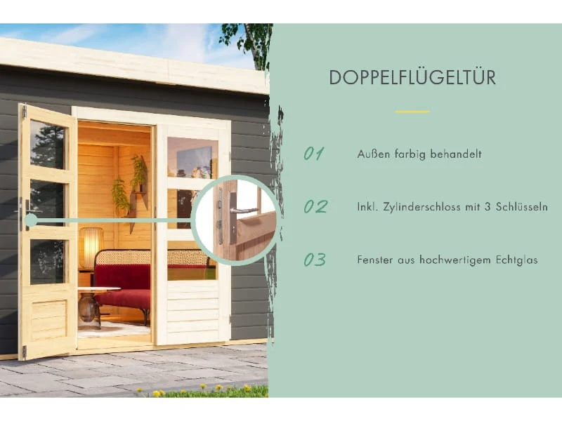 Karibu Gartenhaus Kandern 7 in terragrau mit Anbaudach 3,20 Meter inkl. Rück- und Seitenwand