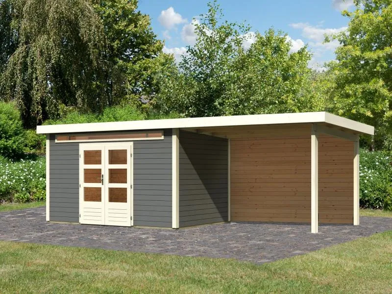 Karibu Gartenhaus Kandern 7 in terragrau mit Anbaudach 3,20 Meter inkl. Rückwand