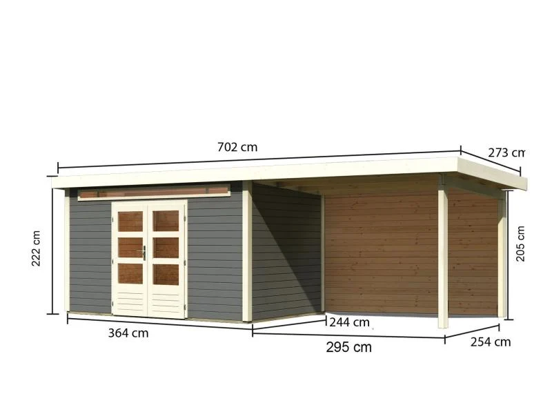 Karibu Gartenhaus Kandern 7 in terragrau mit Anbaudach 3,20 Meter inkl. Rückwand