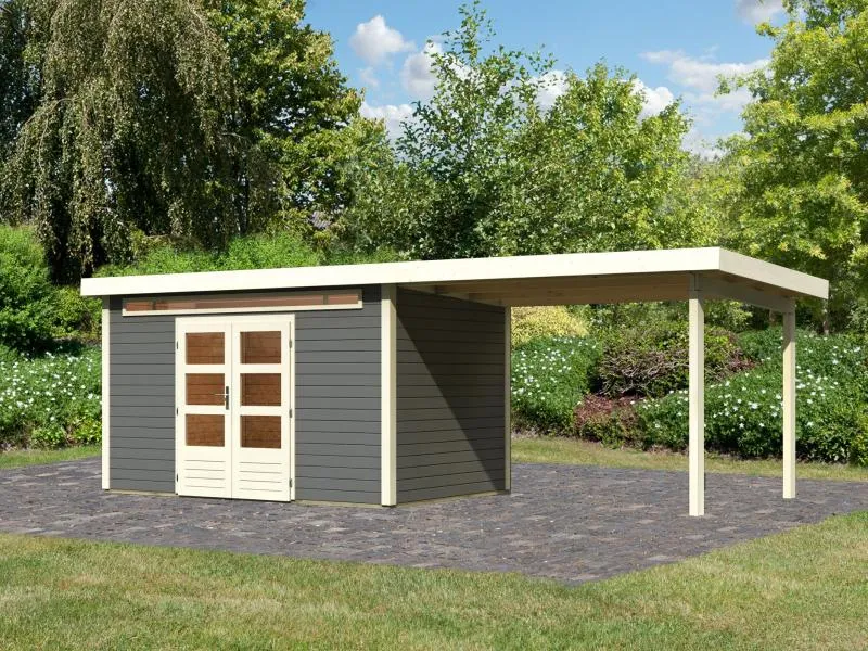 Karibu Gartenhaus Kandern 7 in terragrau mit Anbaudach 3,20 Meter