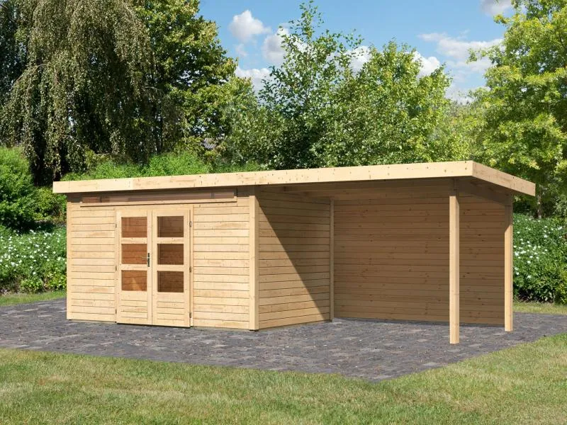 Karibu Gartenhaus Kandern 7 mit Anbaudach 3,2 Meter inkl. Rückwand