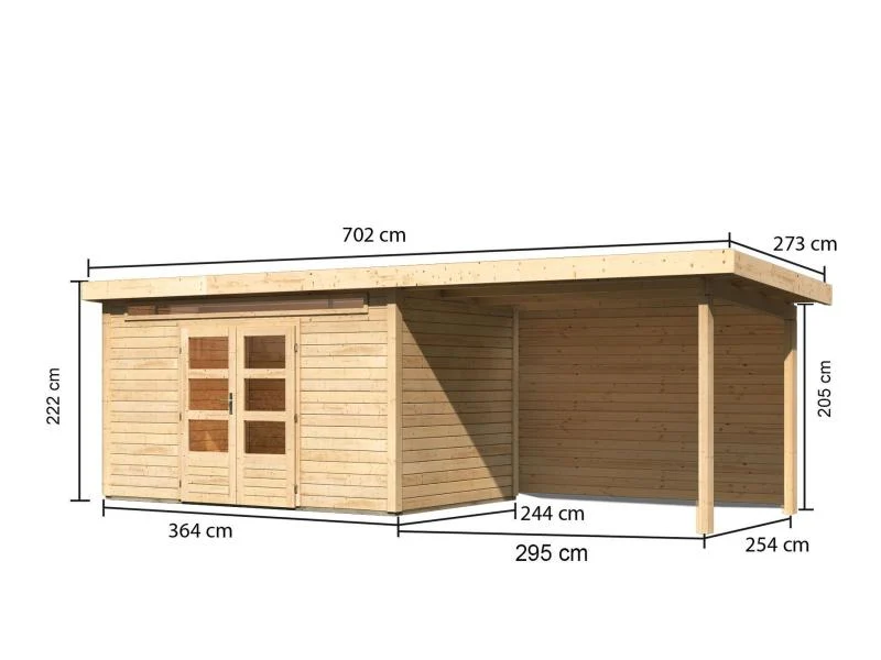 Karibu Gartenhaus Kandern 7 mit Anbaudach 3,2 Meter inkl. Rückwand