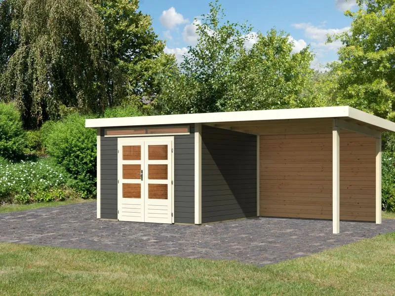 Karibu Gartenhaus Kandern 6 in terragrau mit Anbaudach 3,2 Meter inkl. Rückwand