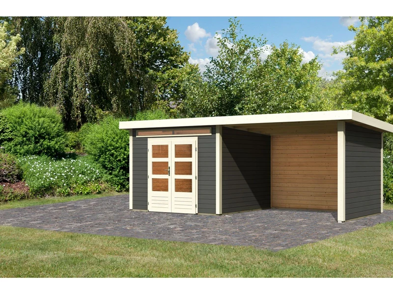 Karibu Gartenhaus Kandern 6 in terragrau mit Anbaudach 3,2 Meter inkl. Rück- und Seitenwand