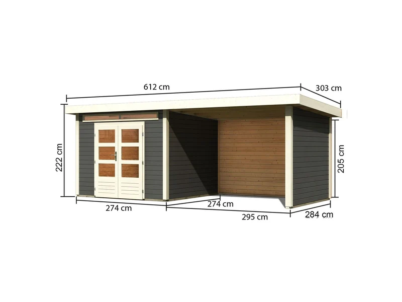 Karibu Gartenhaus Kandern 6 in terragrau mit Anbaudach 3,2 Meter inkl. Rück- und Seitenwand