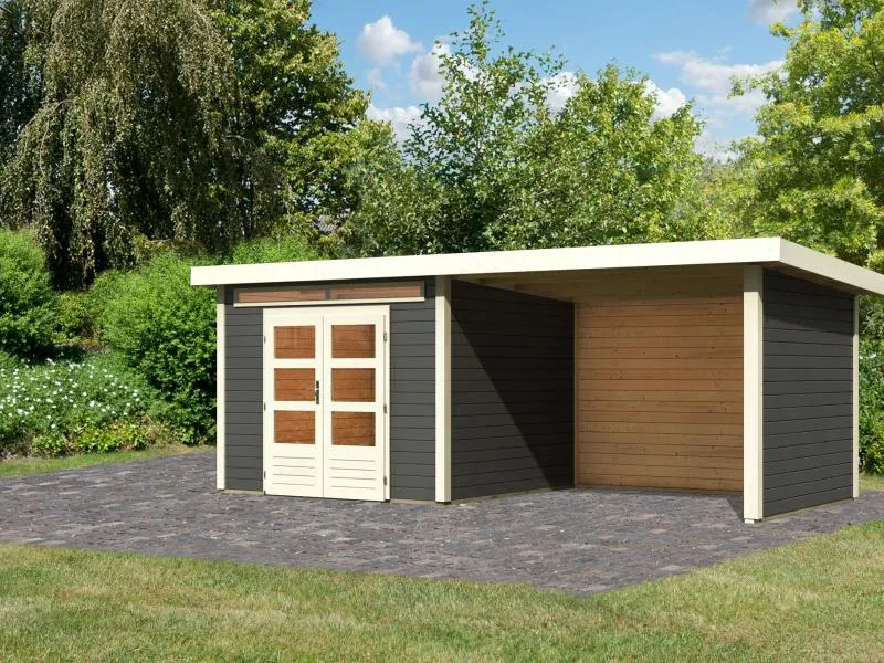Karibu Gartenhaus Kandern 6 in terragrau mit Anbaudach 3,2 Meter inkl. Rück- und Seitenwand