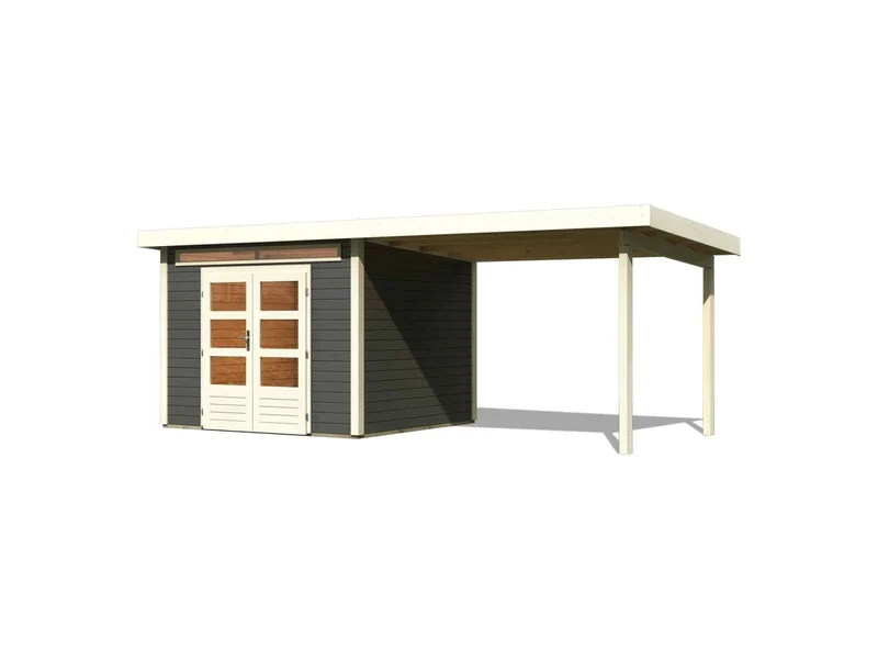 Karibu Gartenhaus Kandern 6 in terragrau mit Anbaudach 3,2 Meter