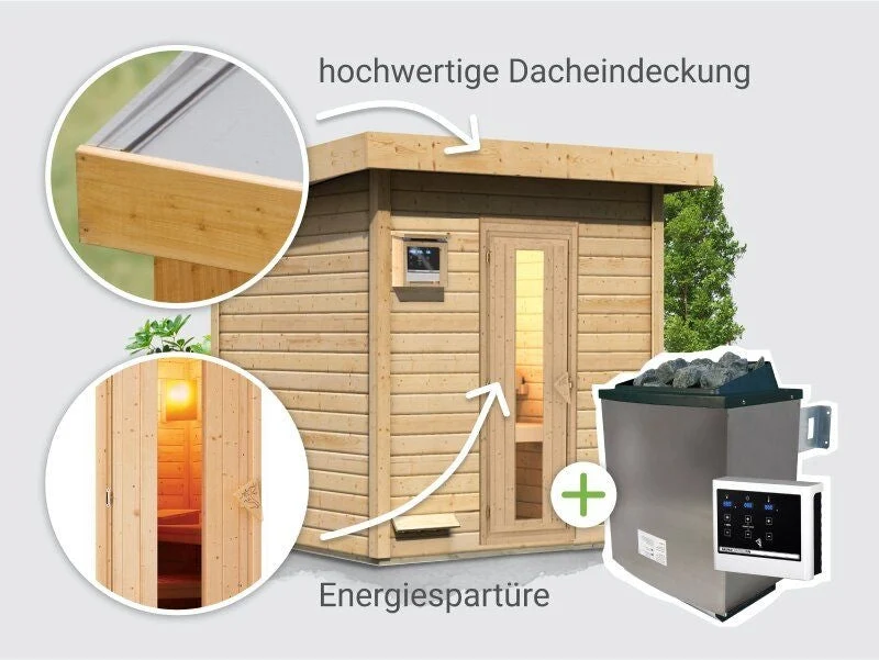 Norlinio Saunahaus Hella 2 38 mm - inkl. 9 kW Ofen ext. Steuerung - mit Dacheindeckung