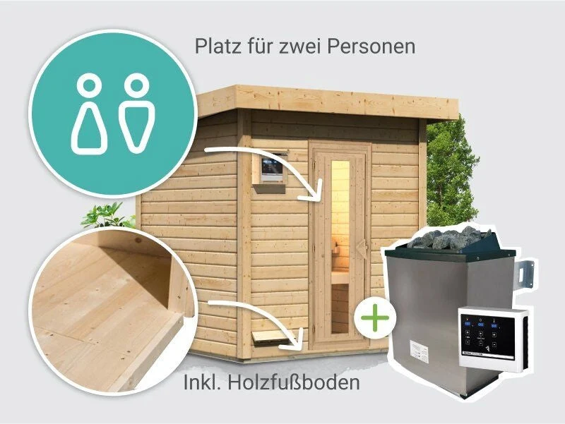 Norlinio Saunahaus Hella 2 38 mm - inkl. 9 kW Ofen ext. Steuerung - mit Dacheindeckung