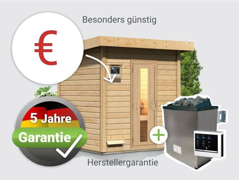 Norlinio Saunahaus Hella 2 38 mm - inkl. 9 kW Ofen ext. Steuerung - mit Dacheindeckung