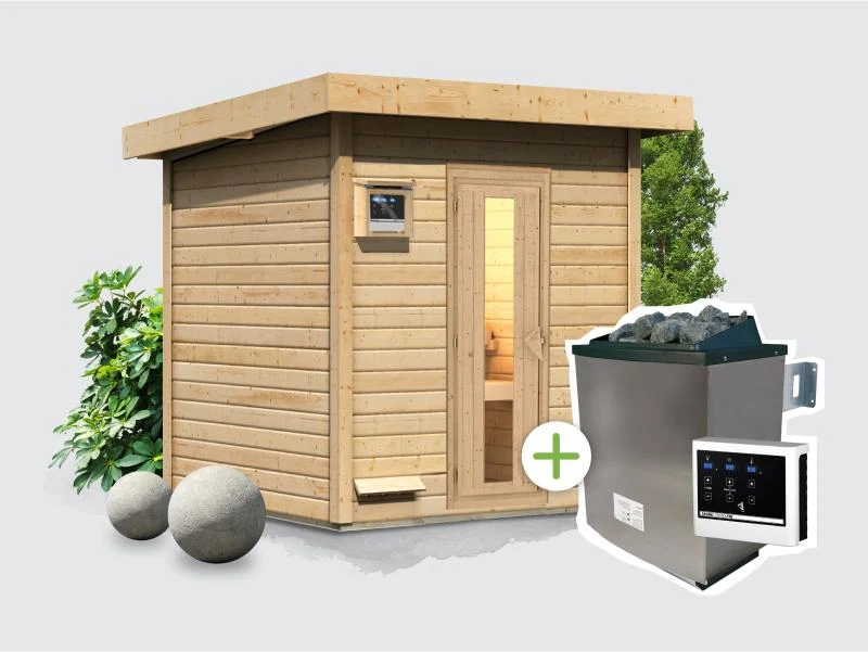 Norlinio Saunahaus Hella 2 38 mm - inkl. 9 kW Ofen ext. Steuerung - mit Dacheindeckung