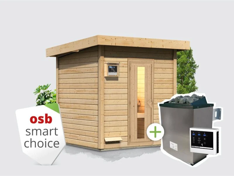 Norlinio Saunahaus Hella 2 38 mm - inkl. 9 kW Ofen ext. Steuerung - mit Dacheindeckung