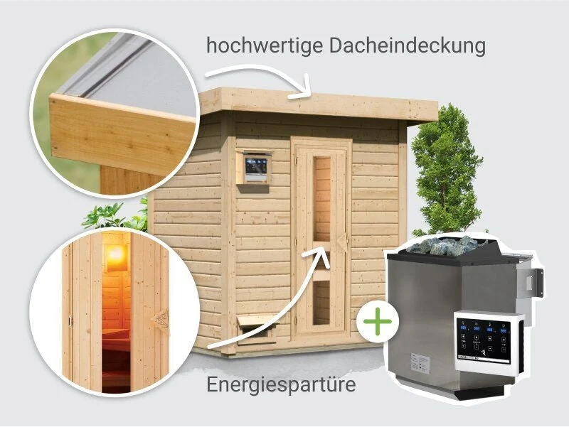 Norlinio Saunahaus Hella 1 38 mm - inkl. 9 kW Bioofen ext. Steuerung - inkl. Dacheindeckung