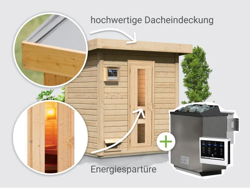Norlinio Saunahaus Hella 1 38 mm - inkl. 9 kW Bioofen ext. Steuerung - inkl. Dacheindeckung