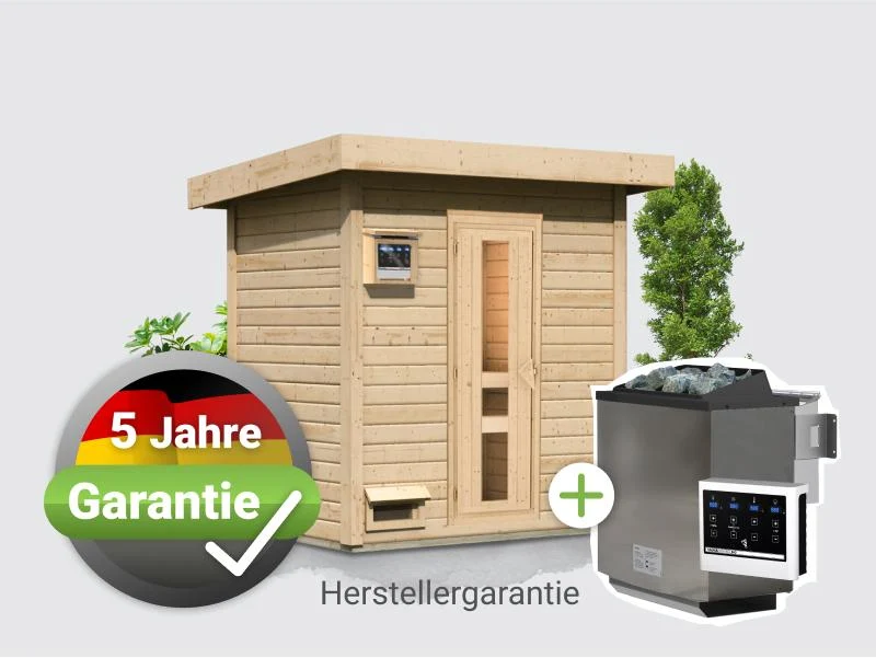 Norlinio Saunahaus Hella 1 38 mm - inkl. 9 kW Bioofen ext. Steuerung - inkl. Dacheindeckung