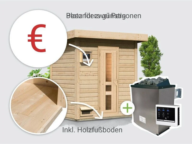 Norlinio Saunahaus Hella 1 38 mm - inkl. 9 kW Ofen ext. Steuerung - inkl. Dacheindeckung