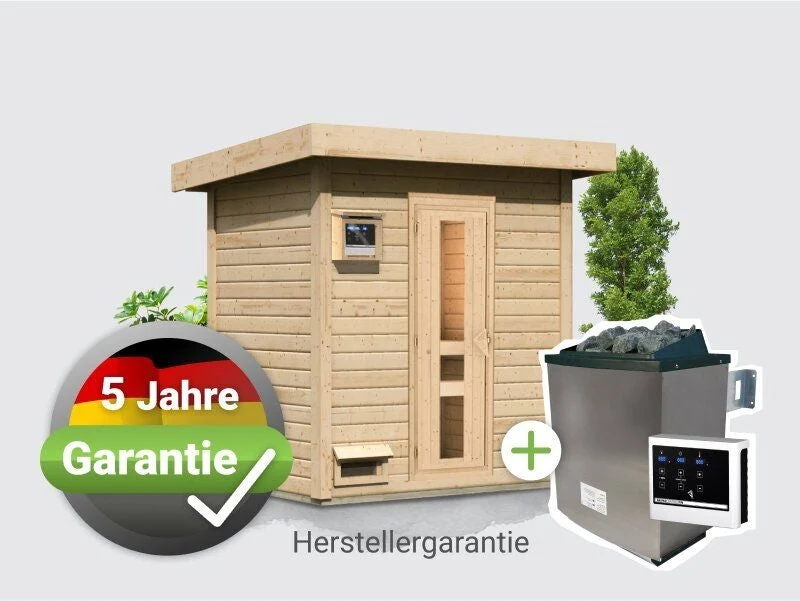 Norlinio Saunahaus Hella 1 38 mm - inkl. 9 kW Ofen ext. Steuerung - inkl. Dacheindeckung