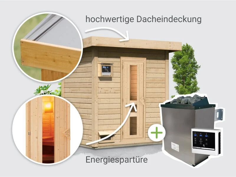 Norlinio Saunahaus Hella 1 38 mm - inkl. 9 kW Ofen ext. Steuerung - inkl. Dacheindeckung