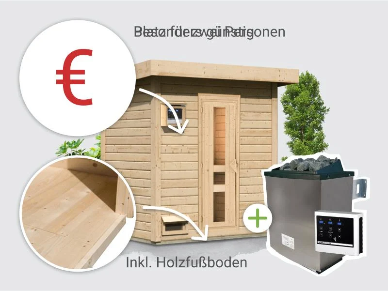 Norlinio Saunahaus Hella 1 38 mm - inkl. 9 kW Ofen ext. Steuerung - inkl. Dacheindeckung
