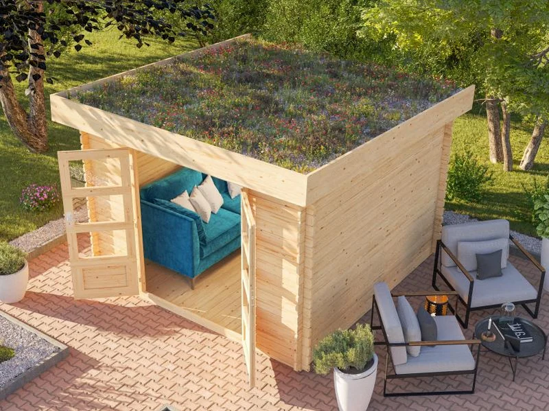 Karibu Gartenhaus Flora 5 natur, inkl. selbstklebende Dachbahn, Vlies und Wurzelschutzfolie