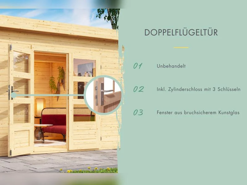 Karibu Gartenhaus Flora 5 natur, inkl. selbstklebende Dachbahn, Vlies und Wurzelschutzfolie