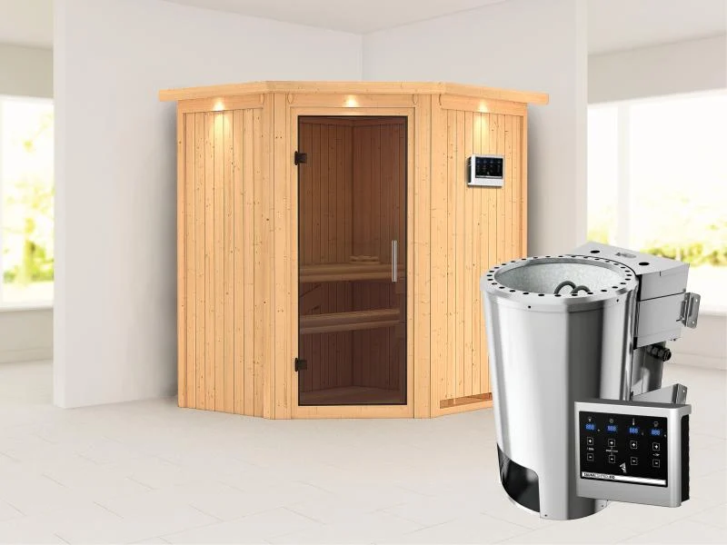 Tonja - Karibu Sauna Plug & Play 3,6 kW Bio Ofen, ext. Steuerung - mit Dachkranz - Moderne Saunatür