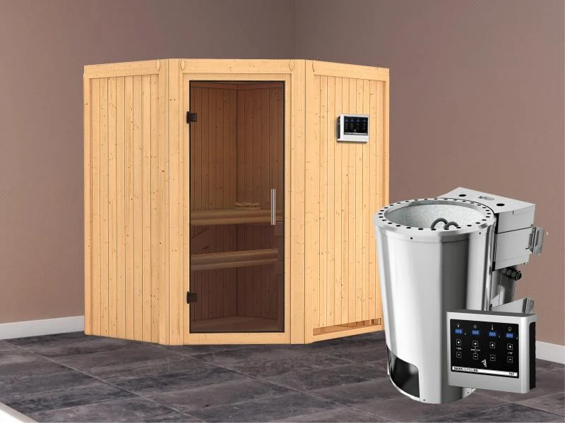 Tonja - Karibu Sauna Plug & Play 3,6 kW Bio Ofen, ext. Steuerung - ohne Dachkranz - Moderne Saunatür