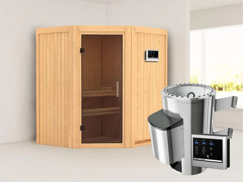 Tonja - Karibu Sauna Plug & Play 3,6 kW Ofen, ext. Steuerung - ohne Dachkranz - Moderne Saunatür