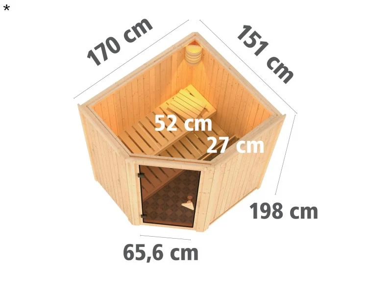 Tonja - Karibu Sauna Plug & Play 3,6 kW Ofen, int. Steuerung - ohne Dachkranz - Moderne Saunatür