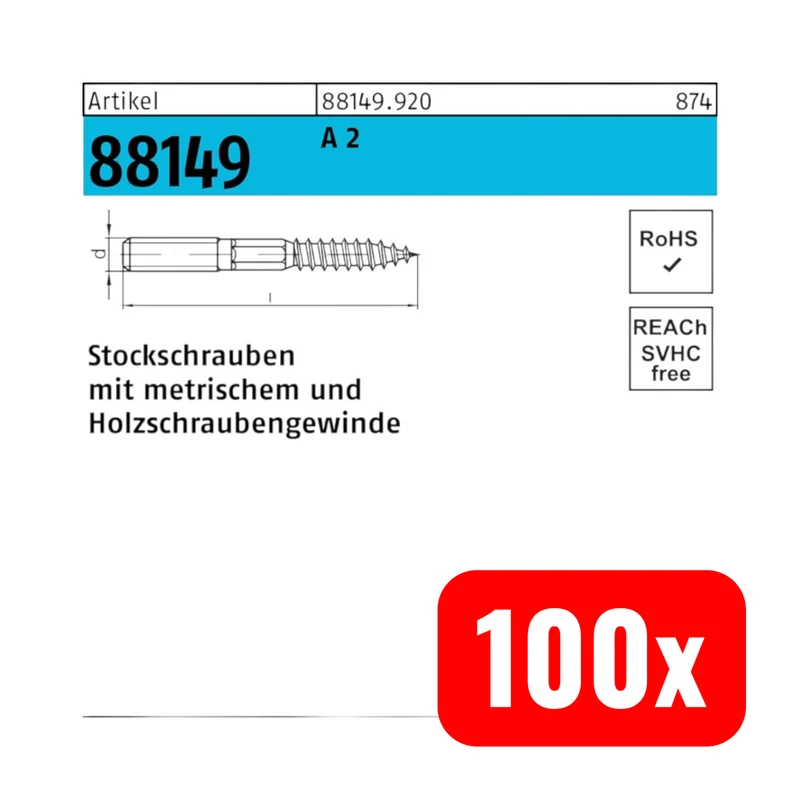 4x B-Ware Stockschraube Schraube Gewinde Edelstahl A2 blank 10 mm 100 mm 100 STÜCK