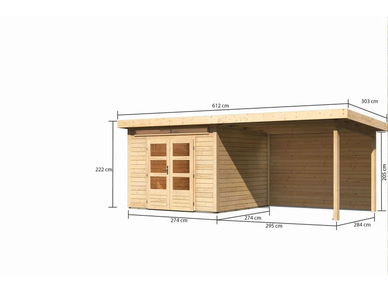 Karibu Gartenhaus Kandern 6 mit Anbaudach 3,2 Meter inkl. Rückwand