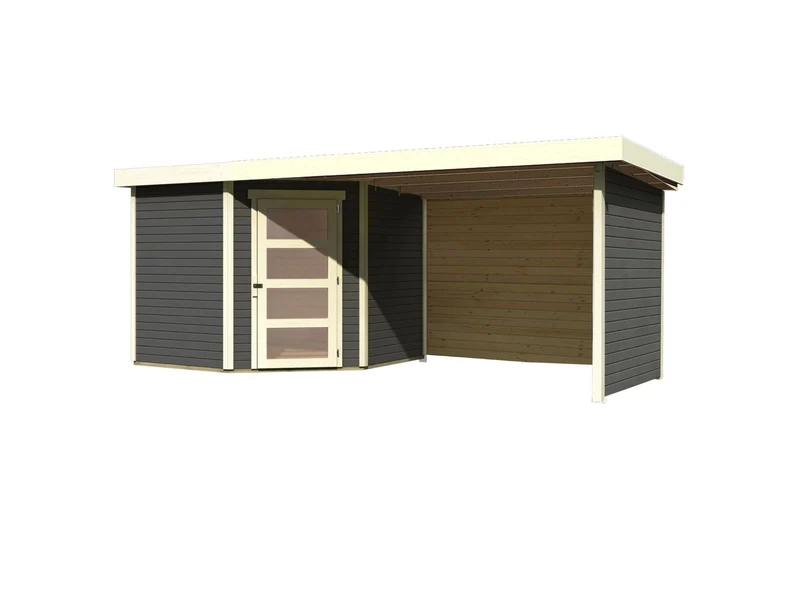 Karibu Gartenhaus Schwandorf 5 terragrau mit Anbaudach 2,8 m inkl. Seiten- und Rückwand
