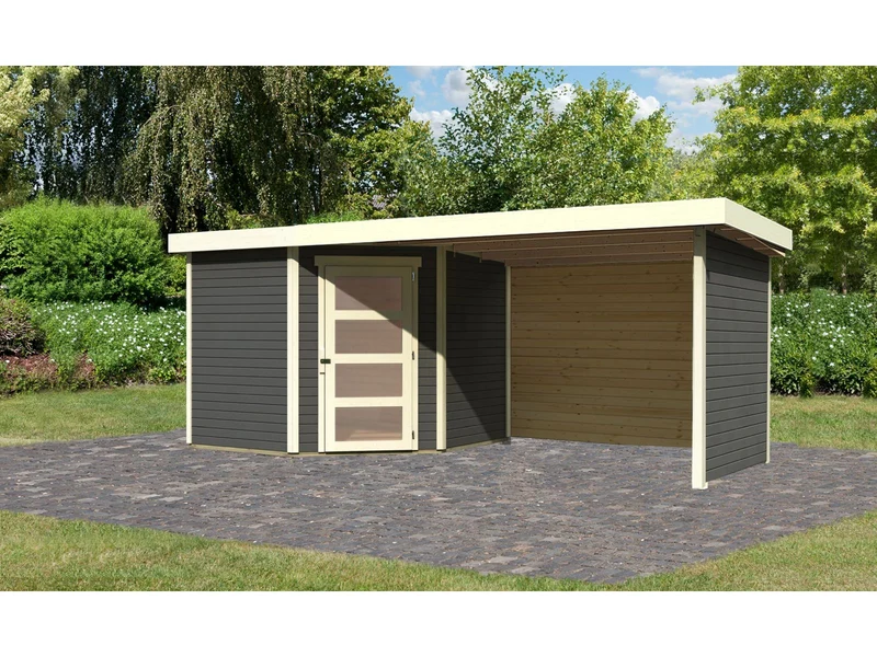 Karibu Gartenhaus Schwandorf 5 natur mit Anbaudach 2,8 m inkl. Seiten- und Rückwand