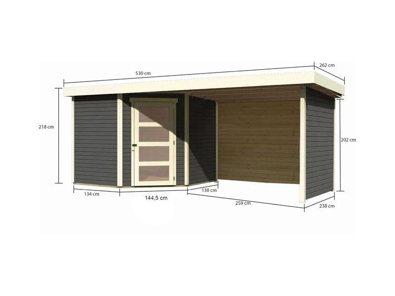 Karibu Gartenhaus Schwandorf 5 natur mit Anbaudach 2,8 m inkl. Seiten- und Rückwand