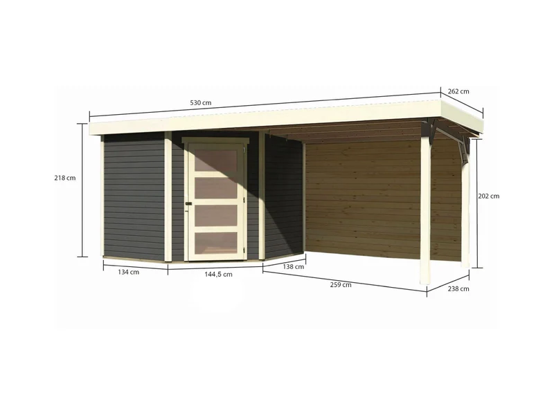 Karibu Gartenhaus Schwandorf 5 terragrau mit Anbaudach 2,8 m inkl. Rückwand