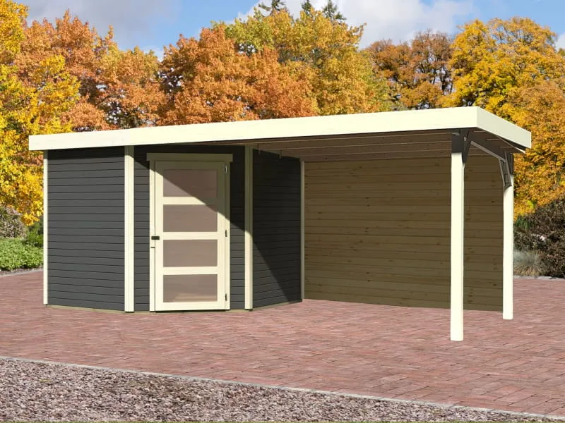 Karibu Gartenhaus Schwandorf 5 terragrau mit Anbaudach 2,8 m inkl. Rückwand