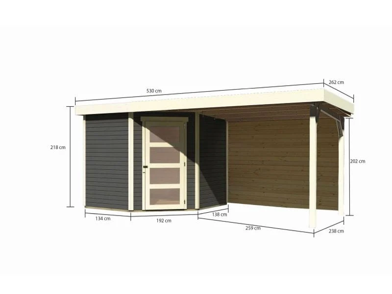 Karibu Gartenhaus Schwandorf 5 terragrau mit Anbaudach 2,8 m inkl. Rückwand