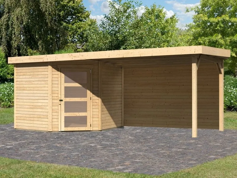 Karibu Gartenhaus Schwandorf 5 natur mit Anbaudach 2,8 m inkl. Rückwand