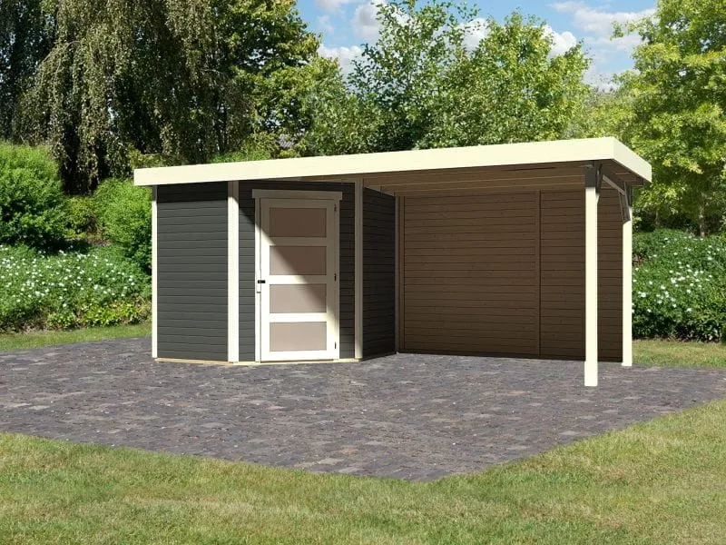 Karibu Gartenhaus Schwandorf 3 terragrau mit Anbaudach 2,8 m inkl. Rückwand