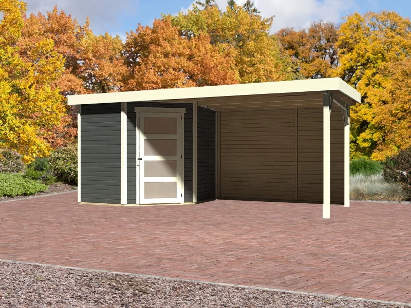 Karibu Gartenhaus Schwandorf 3 terragrau mit Anbaudach 2,8 m inkl. Rückwand